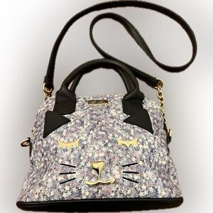 Betsey Johnson Cat Face Satchel Bag Stars Print Gold Hardware Crossbody